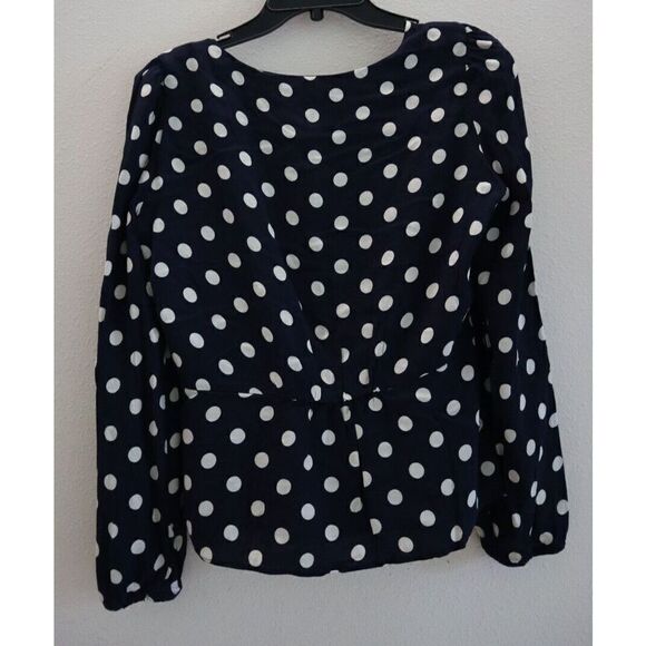 J.Crew L1742 Women's Sz 6 Navy Blue/White Polka Dot Long Sleeve Peplum Blouse - Picture 2 of 6